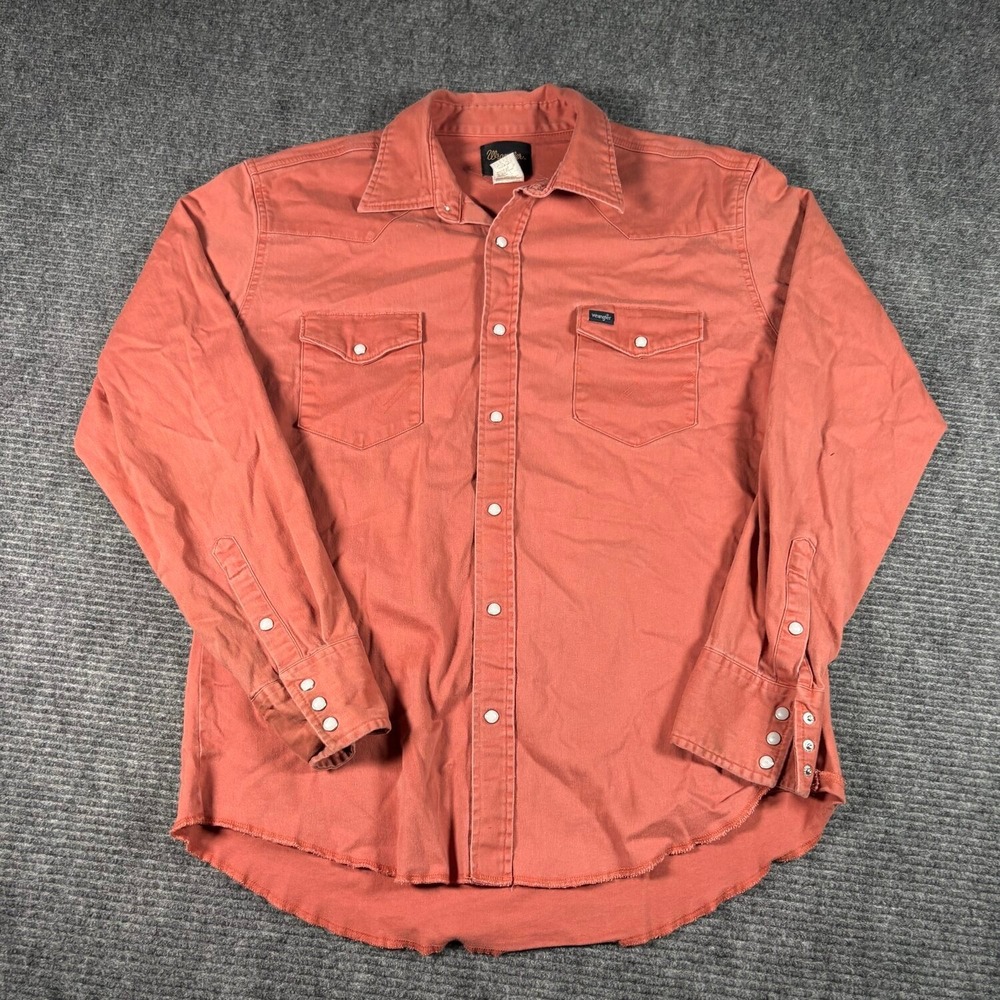 Wrangler Western Shirt Mens XL Coral Pink Excellent Pearl Snap Raw Hem MSM03HS